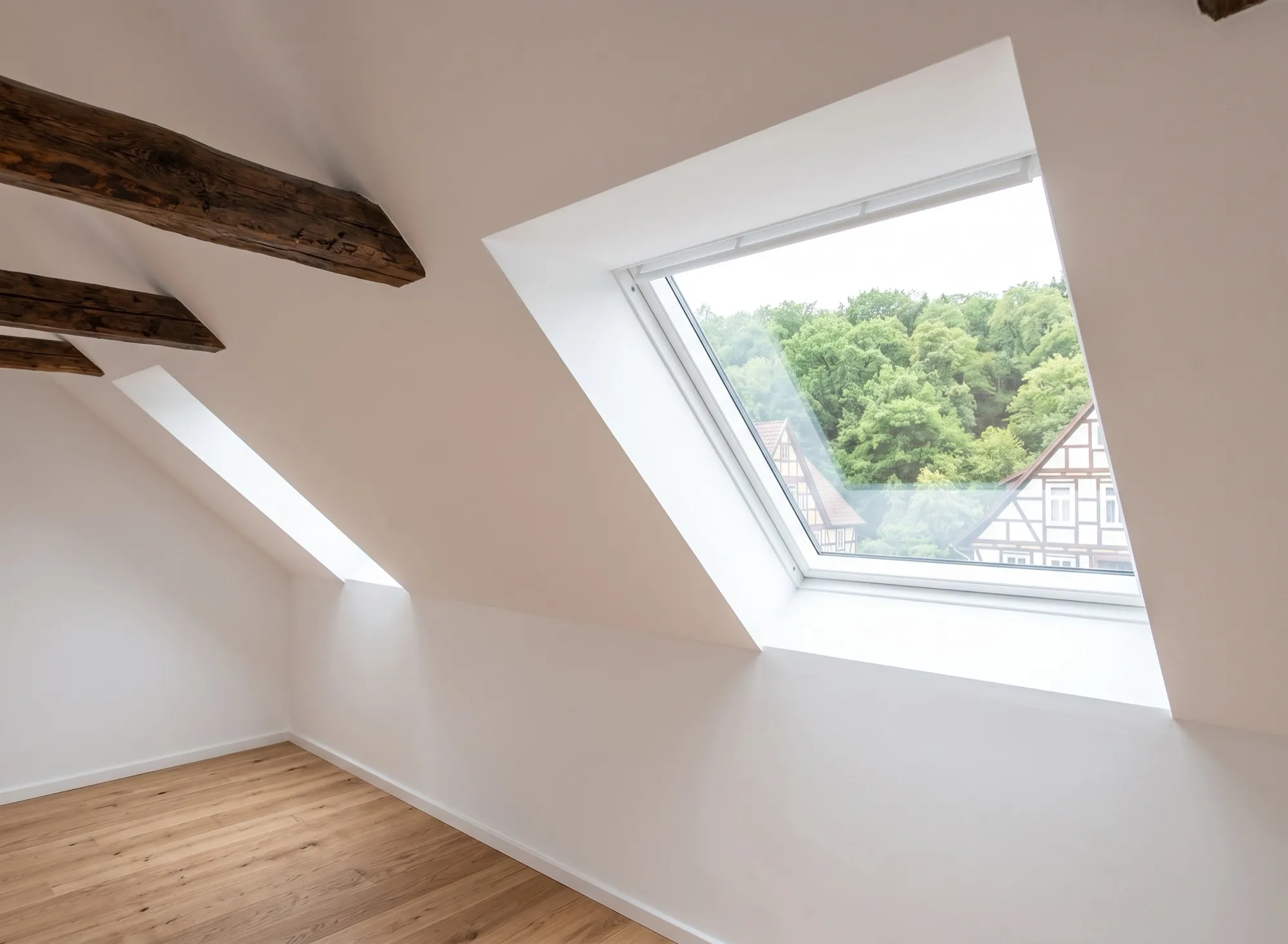 Ausgebautes Dachgeschoss mit sichtbarem Holzbalken und weißen Schrägen