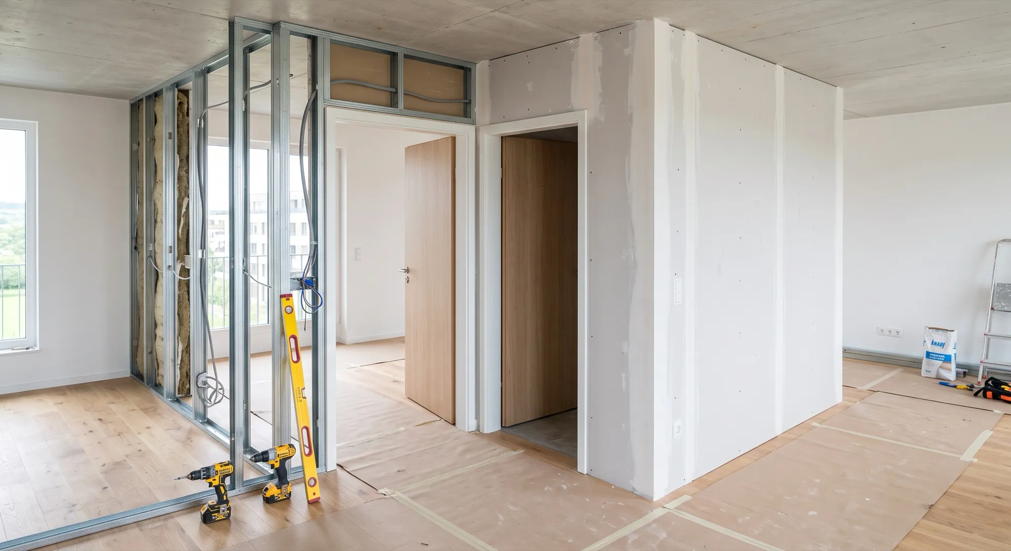 Innenausbau: Trockenbauwand mit Ständerwerk in einem Wohnraum in Hameln