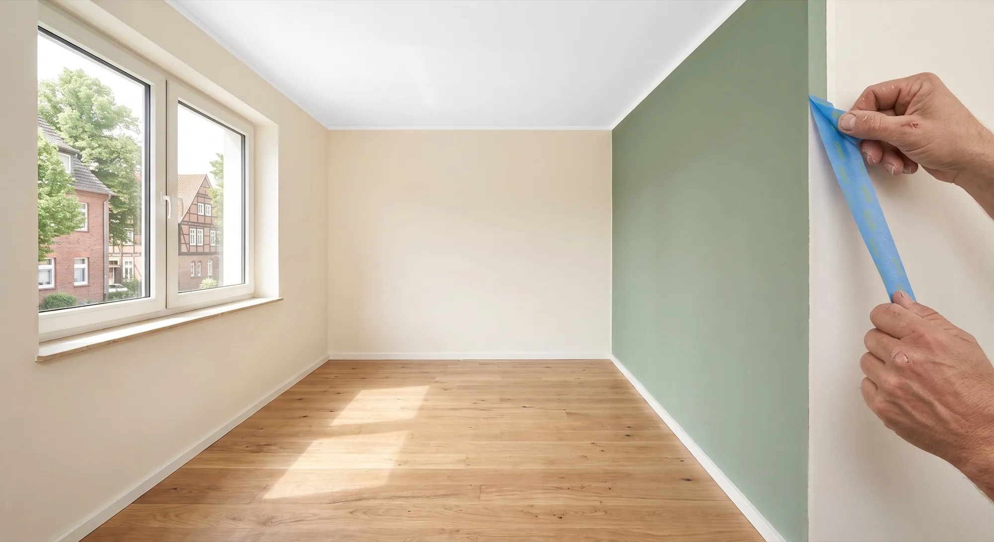 Malerarbeiten: frisch gestrichene Wand in einem hellen Wohnraum