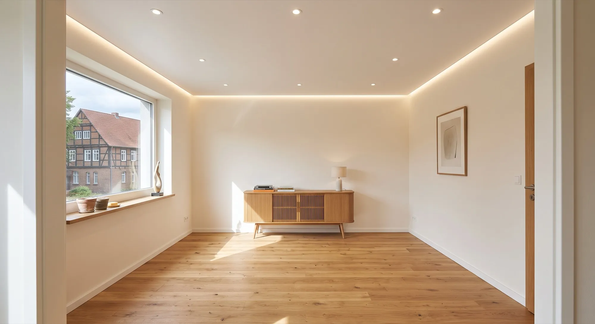 Wohnzimmer nach der Renovierung mit Spanndecke und neuen Wandfarben